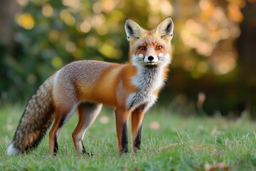 Fototapeta premium A red fox stands gracefully in a forest clearing surrounded by autumn foliage during daylight