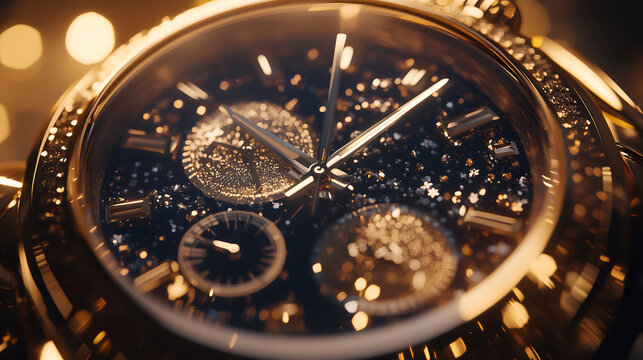 A detailed close-up of a luxury watch face with sparkling golden elements and a sophisticated designaaa