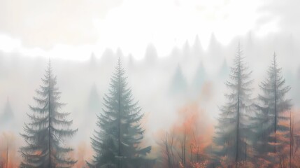 Fototapeta premium Autumn trees hidden in thick fog, with a path covered in golden leaves, creating a serene and mysterious fall forest atmosphere.