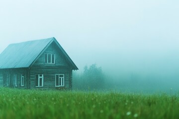 Wooden house in misty green field, tranquility concept