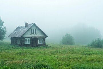 Misty countryside with solitary wooden house