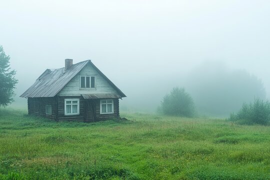 Misty countryside with solitary wooden house