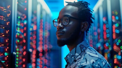 Business analyst presenting data strategies, with digital data charts