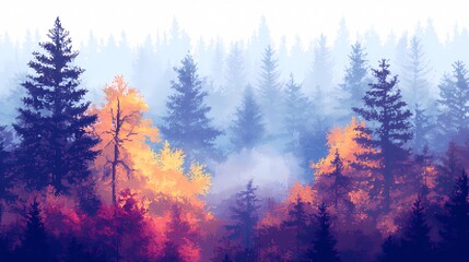 Autumn trees hidden in thick fog, with a path covered in golden leaves, creating a serene and mysterious fall forest atmosphere.