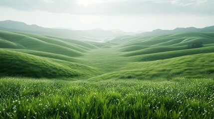 Naklejka premium Expansive green meadow, isolated on white, with soft rolling hills. A serene and peaceful landscape