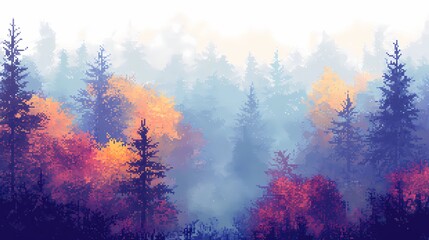 Autumn trees hidden in thick fog, with a path covered in golden leaves, creating a serene and mysterious fall forest atmosphere.