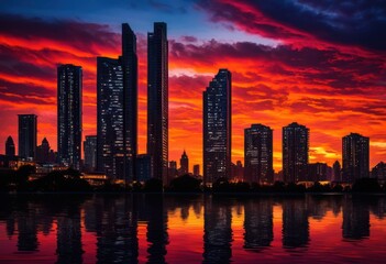 Fototapeta premium dramatic high rise silhouettes vibrant sunset sky showcasing urban artistry atmospheric lighting, skyline, buildings, architecture, clouds, color, horizon