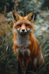 Obraz premium A vibrant red fox standing gracefully in the forest during autumn with colorful foliage nearby