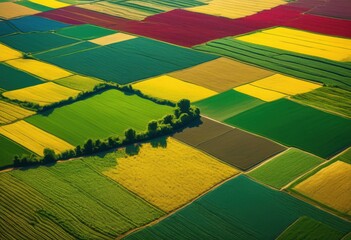 aerial view highlighting vibrant colorful patterns fields rural landscape under clear skies, colors, stripes, shapes, agriculture, green, brown, yellow, blue