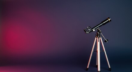 Sleek, black telescope on tripod, set against vibrant backdrop