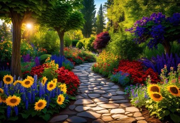 Fototapeta premium enchanting garden pathways adorned spectrum colorful blooms lush greenery, blooming, flowers, petals, plants, foliage, landscapes, gardens, designs