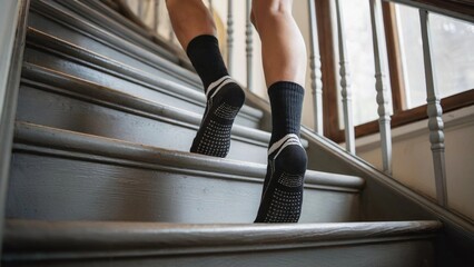 Grip socks on stairs, person walking upstairs in non-slip athletic socks