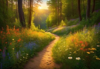 Obraz premium vibrant wildflower lined serene path through lush green forest landscape surrounding scenic nature escape, tree, scenery, plant, bloom, leaf, spring, gardening