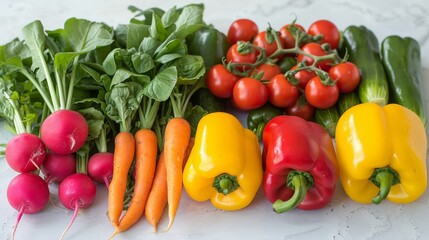 A selection of colorful vegetables, including bell peppers, cucumbers, and radishes, arranged on a white table. Fresh and healthy