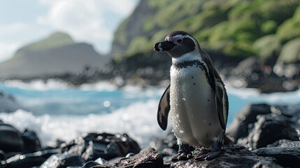 Obraz premium A close-up of a Gal??pagos penguin standing on a rocky shore, with the ocean waves and a backdrop of lush green islands