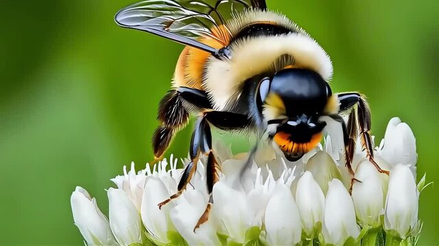 Close-up of a bumblebee collecting nectar from white clover flowers.