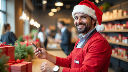 Festive christmas retail scene with cheerful employee in santa hat