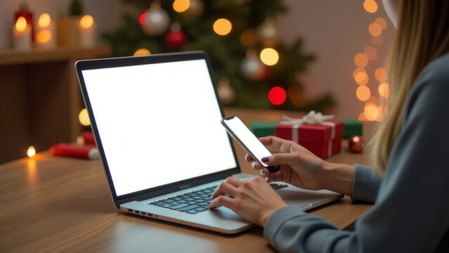Holiday online shopping with smartphone and laptop | christmas gift preparation