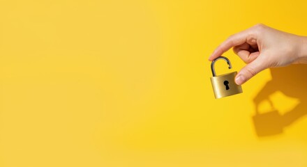 Hand holding unlocked padlock against yellow background