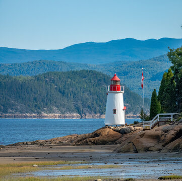 Closeup mof a lightouse on the shores of the Sagueney fjord, near la Baie, Sagueney, Quebec, Canada