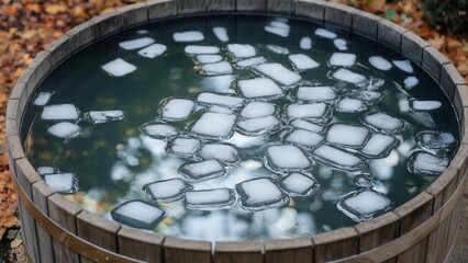 Cold plunge tub with ice, outdoor water therapy for recovery and health