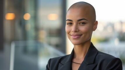 Confident female professional with a shaved head in a sleek suit, looking to the side with a happy expression, urban setting