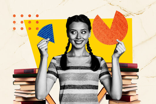 Composite photo collage of happy girl hold diagram piece book pile education idea finding business solution isolated on painted background