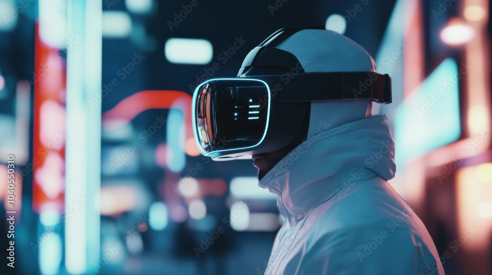 Poster a futuristic scene of a person immersed in virtual reality, symbolizing the digital escapism in mode