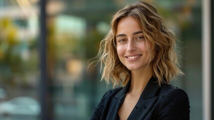 Fototapeta premium Confident woman in business attire, smiling warmly, gazing to the side, standing outdoors with space for text