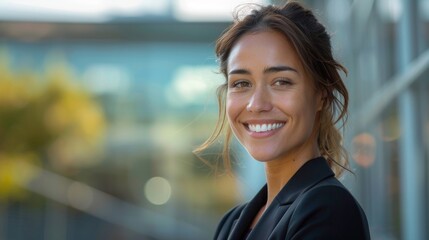 Obraz premium Confident woman in business attire, smiling warmly, gazing to the side, standing outdoors with space for text