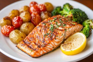 perfectly grilled salmon fillet, seasoned with herbs, served alongside roasted baby potatoes, broccoli, and cherry tomatoes
