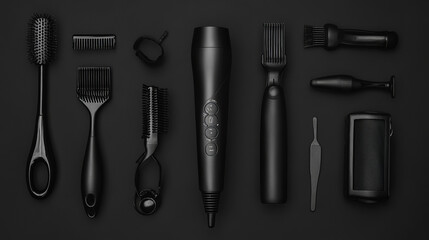 Fototapeta premium A collection of hairdresser's professional equipment, including a hair blow dryer and curling iron, showcasing essential tools for hairstyling. These items represent the versatility and functionality 