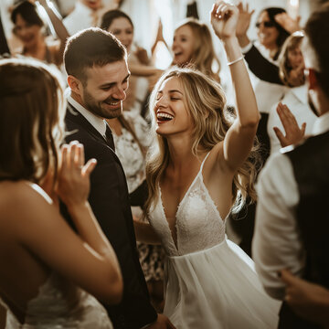 A wedding reception dance floor with the bride and groom dancing surrounded by their friends and family, everyone clapping and smiling.

