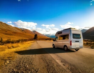 Scenic view of camper van on road. Generated image