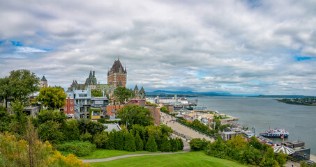Stunning view of the old town of Quebec City and the St. Lawrence river on an eraly fall day,...