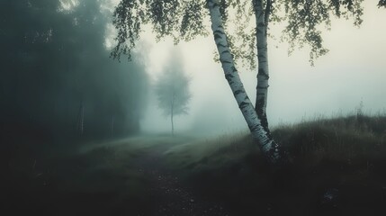 Foggy autumn woodland scene with vibrant fall colors and mist enveloping the trees, creating a peaceful and mysterious seasonal landscape.