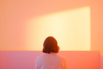 Woman gazing at vibrant sunset glow on wall