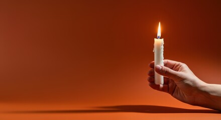 Hand holding lit candle against orange background