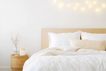 Cozy bedroom interior with warm lights and minimal decor