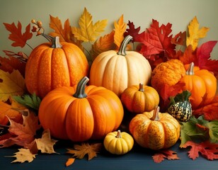 Happy Thanksgiving Day greeting card with pumpkins and fall leaves. Generated image