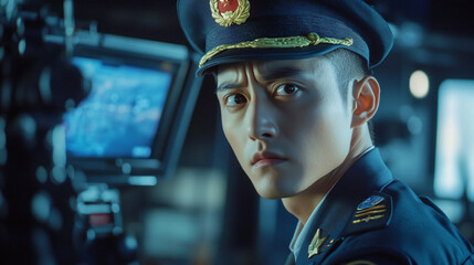 photography style, super real, cinematic texture, through the high-tech information display screen of aerial imaging, you can see the serious expressions of chinese officers