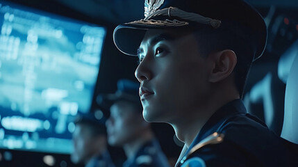 photography style, super real, cinematic texture, through the high-tech information display screen of aerial imaging, you can see the serious expressions of chinese officers