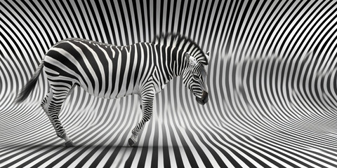 Aerial view of a zebra walking across and deep into a series of thin black lines, the contrast between the zebra's black and white stripes and lines below creates a mesmerizing visual effect