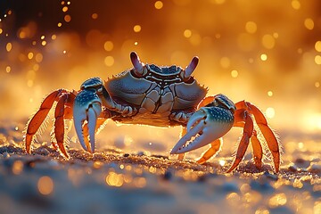 Fototapeta premium A colorful crab stands on the sand at sunset, bathed in golden light.