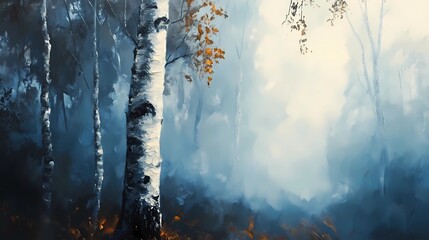 Foggy autumn woodland scene with vibrant fall colors and mist enveloping the trees, creating a peaceful and mysterious seasonal landscape.
