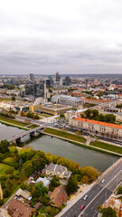 Beautiful Aerial view of the old town of Vilnius, the capital of Lithuania. Top cinematic aerial view. Vilnius cityscape in a beautiful autumn day, Lithuania. 