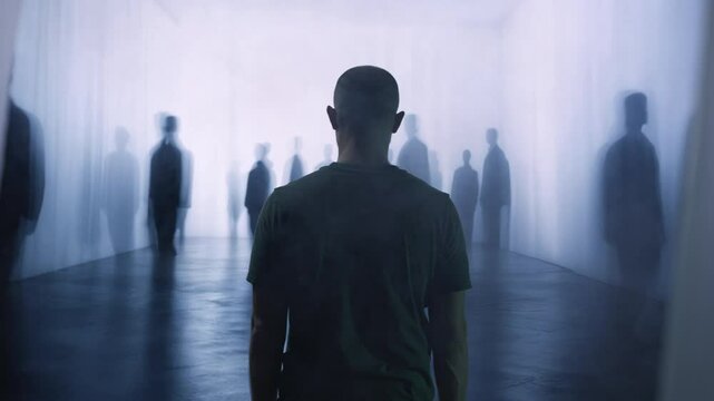 Lonely Man Faces Mysterious Shadow Figures In Foggy Corridor Paranormal Dark Dreamlike Scene