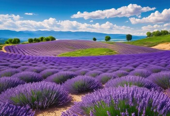 Fototapeta premium captivating panoramic views expansive vivid lavender fields full bloom under clear sky, landscape, floral, purple, horizon, sunny, vibrant, beauty