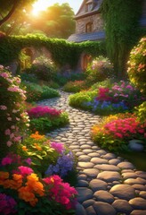 Fototapeta premium transformative outdoor spaces featuring vibrant plant arrangements lush colorful captivating pathways serenity inspiration, backyard, garden, landscaping