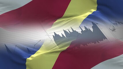 Seychelles flag - Waving flag on celebrating fireworks for national holiday day. Ceremony for patriotic celebration of nation 